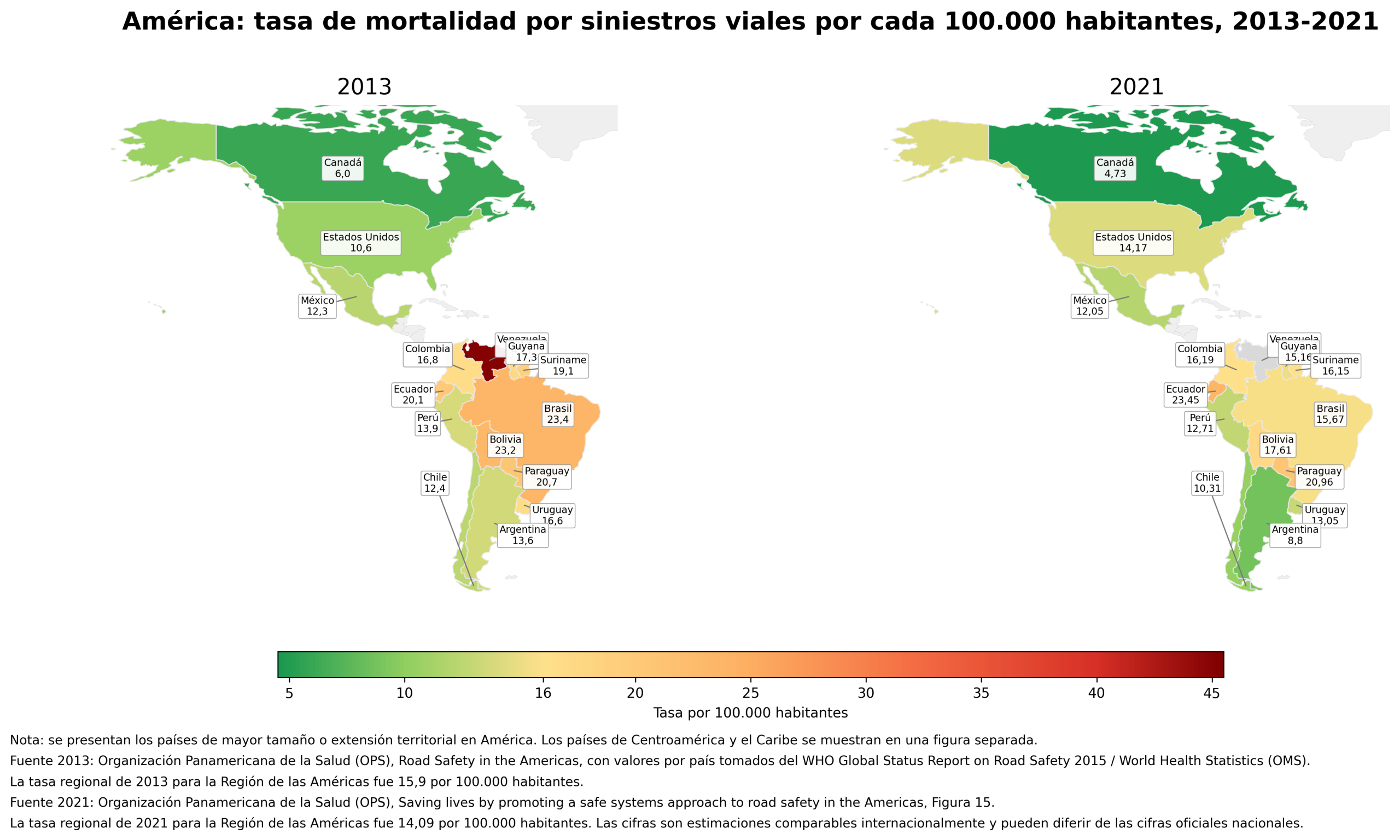 Figura 1. Tasa de mortalidad por siniestros viales por cada 100.000 habitantes en países seleccionados de América, 2013 y 2021. 